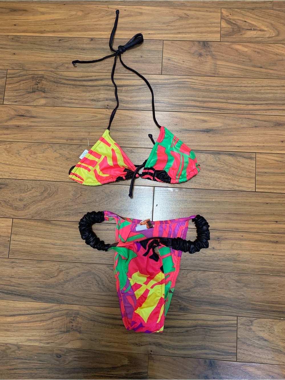Vintage 80’s/90’sNeon Tropical Print Triangle Bikini Top and Ruched Side Bottoms